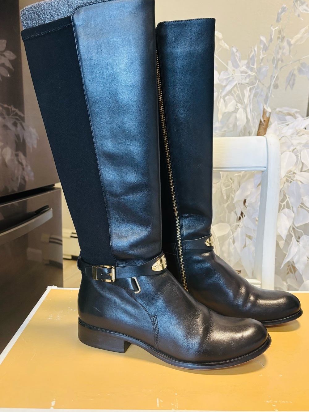 Michael Kors Black Arlee Stretch Knee Leather Boots with Gold Accent. Size 9